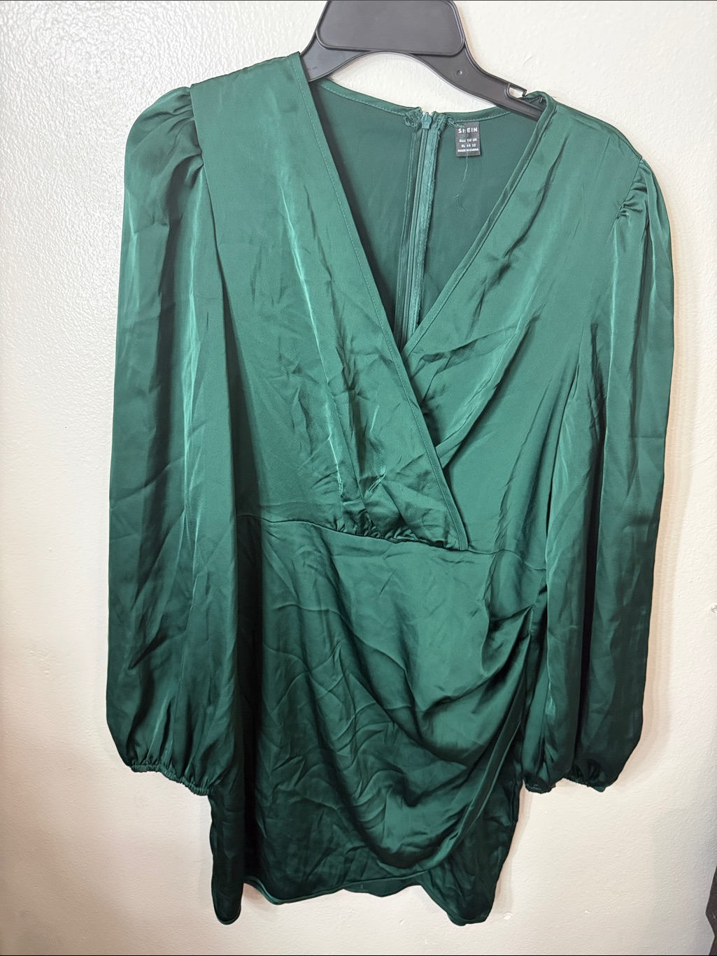 Shein Dark Green Satin V-Neck Dress